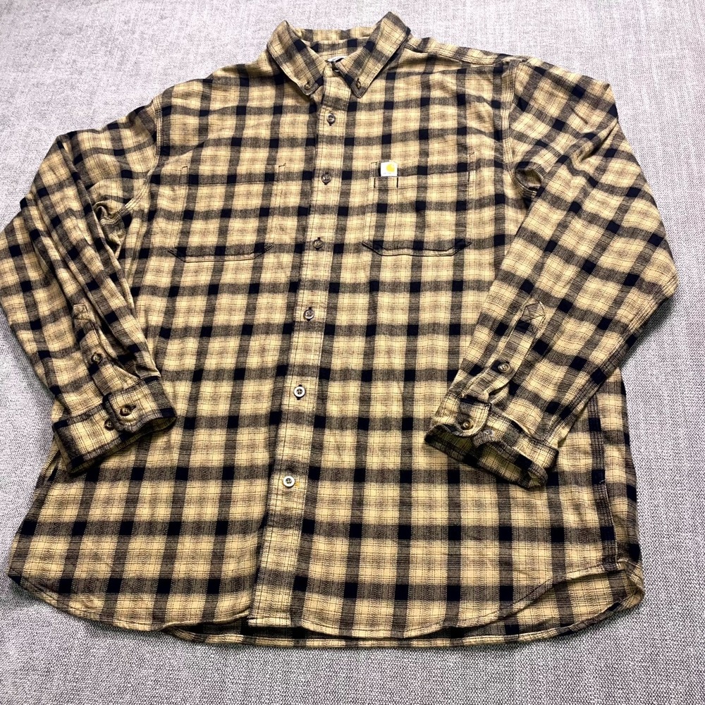 Carhartt Flannel Shirt Mens XL Beige Black Plaid Relaxed Fit Button Down 100139